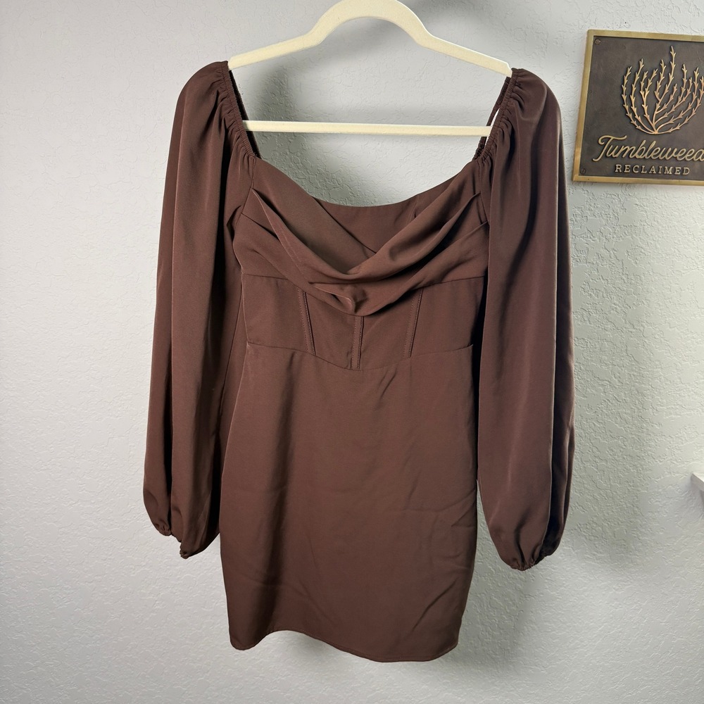 Princess Polly Brown Corset Mini Dress Cowl Neck Balloon Sleeve Size US 2